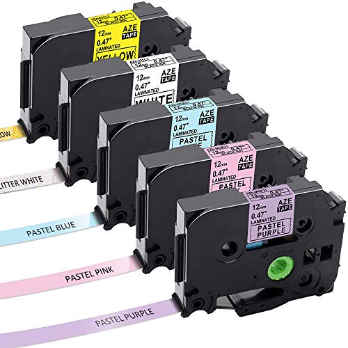 Aken - Cinta de Etiquetas compatible para usar en lugar de P-touch Tze-231 TZe231 12mm, para Brother PT 1000 1010 D210 E550WVP - Negro sobre blanco arcoíris, amarillo/morado pastel, rosa, azul