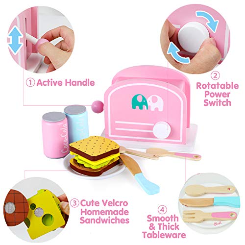 Alimentos de Juguete Cocina,Tostadora Pan Comida de Juguetes Montessori Madera Juguete Alimento de Imitacion Juguetes navideños para niños Regalos para Cumpleaños Infantiles Niños 3 4 5 (Rosa)