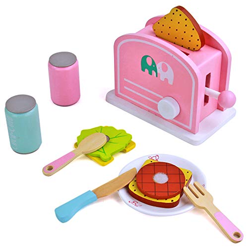 Alimentos de Juguete Cocina,Tostadora Pan Comida de Juguetes Montessori Madera Juguete Alimento de Imitacion Juguetes navideños para niños Regalos para Cumpleaños Infantiles Niños 3 4 5 (Rosa)