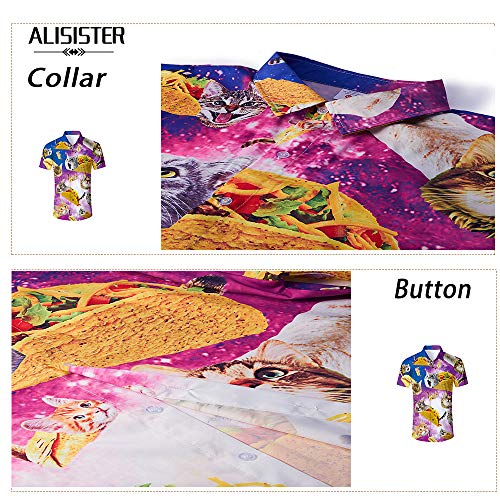 ALISISTER Camisa Hawaiana Hombre Camisetas de Manga Corta 3D Pizza Cat Prints Ugly Aloha Botón Blusa Vestido Fiesta de Vacaciones de Verano Ropa de Playa Ropa XXL