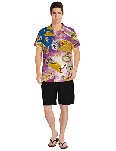 ALISISTER Camisa Hawaiana Hombre Camisetas de Manga Corta 3D Pizza Cat Prints Ugly Aloha Botón Blusa Vestido Fiesta de Vacaciones de Verano Ropa de Playa Ropa XXL
