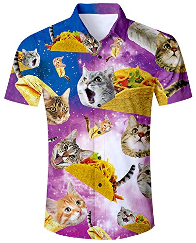 ALISISTER Camisa Hawaiana Hombre Camisetas de Manga Corta 3D Pizza Cat Prints Ugly Aloha Botón Blusa Vestido Fiesta de Vacaciones de Verano Ropa de Playa Ropa XXL