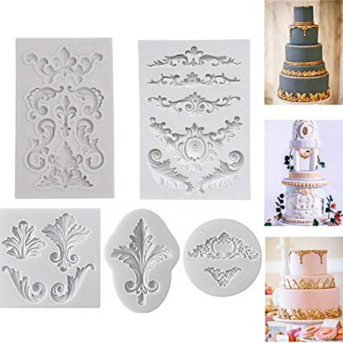 Alivio Barroco Vintage Silicona Fondant Molde Encaje Flor Frontera Decoración de la torta Decoración de la magdalena Pasta de hielo Molde para hornear Chocolate Sugarcraft DIY Juego de 5