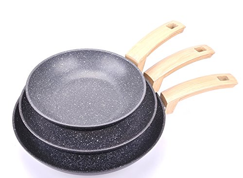 Alluflon Etnea Wood Edition - Juego de 3 sartenes, aluminio, Negro, 20, 24 y 28 cm