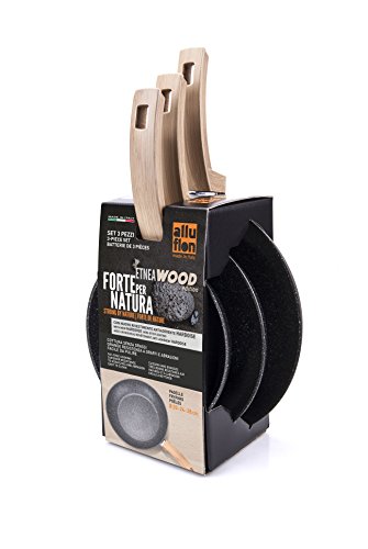 Alluflon Etnea Wood Edition - Juego de 3 sartenes, aluminio, Negro, 20, 24 y 28 cm