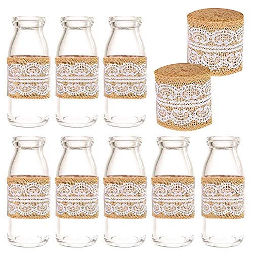 Amajoy frasco de vidrio vintage con tapas de corcho, arpillera y cinta de encaje [botella de leche y frasco decorativo] para decoración de fiesta de boda y fiesta del bebé [12 piezas] [biege]