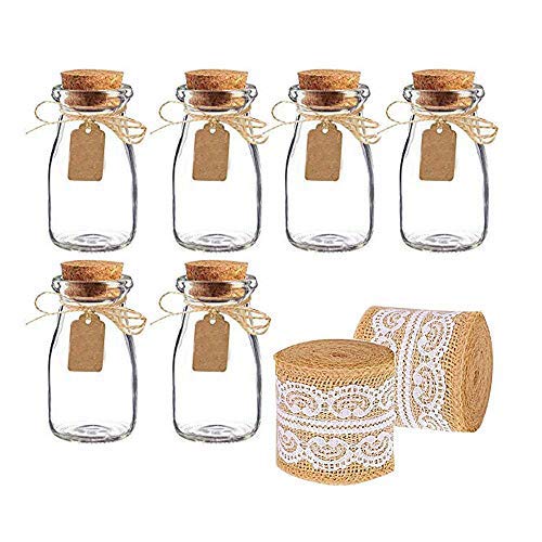 Amajoy frasco de vidrio vintage con tapas de corcho, arpillera y cinta de encaje [botella de leche y frasco decorativo] para decoración de fiesta de boda y fiesta del bebé [12 piezas] [biege]