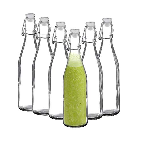 Amisglass Botes de Vidrio, Juego 6 Piezas de Jarra Vidrio con Tapa Abatible, Botellas Transparentes de Cristal Hermética para Bebidas, Aceite, Vinagre, Cerveza, Agua, Salsa de Condimentos - 600 ml
