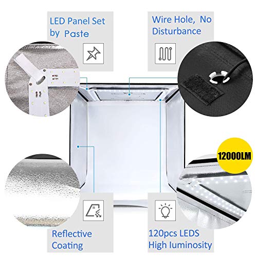 amzdeal Caja de Luz Fotografía 60x60x60cm Portátil Plegable LED 5000LM 5500K, 4 × Fondo Azul/Blanco/Negro/Naranja, Fácil de Instalar