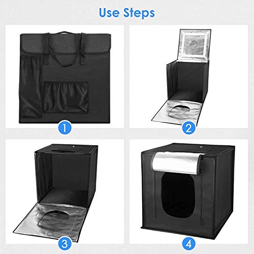 amzdeal Caja de Luz Fotografía 60x60x60cm Portátil Plegable LED 5000LM 5500K, 4 × Fondo Azul/Blanco/Negro/Naranja, Fácil de Instalar
