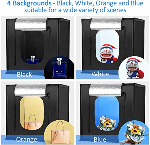 amzdeal Caja de Luz Fotografía 60x60x60cm Portátil Plegable LED 5000LM 5500K, 4 × Fondo Azul/Blanco/Negro/Naranja, Fácil de Instalar