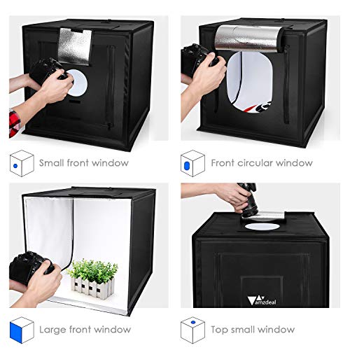 amzdeal Caja de Luz Fotografía Estudio 50x50x50 cm Portátil 3000-6500K Temperatura de Color, Brillo Regulable (10w-40w) con 4 Fondos + 4 Tiras de LED