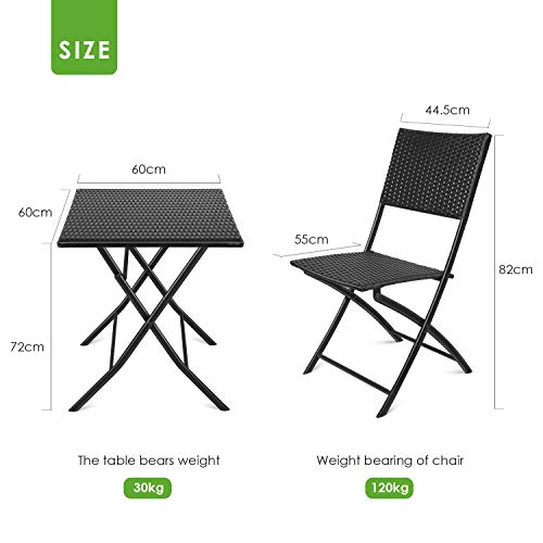 amzdeal Conjuntos de Muebles de Jardín/Balcón/Terraza Material Ratán Tejido 2 Sillas Una Mesa Plegable Negro