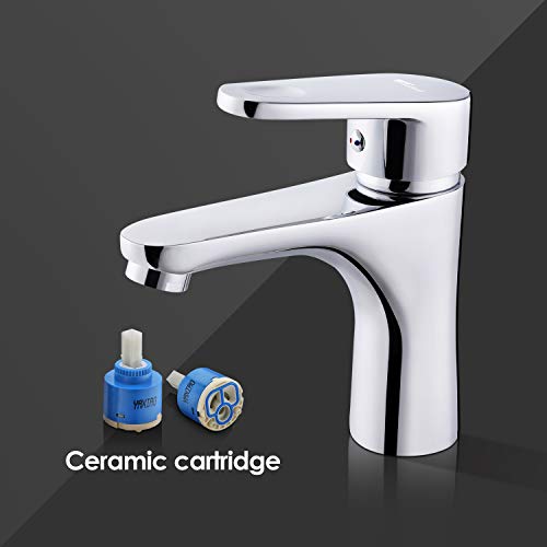 Amzdeal Grifo de lavabo, Grifo para baño con cartucho de cerámica y Neoperl aireador, Grifo monomando para lavabo, Agua Fría y Caliente disponible, Latón, Cromado