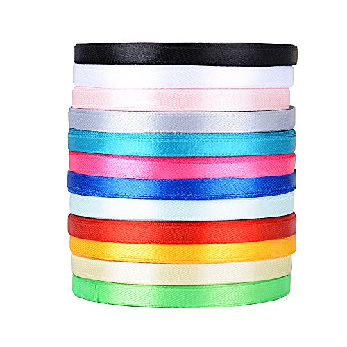 AONER 300yardas 274m Cinta de Raso Satén Seda Colores Mazcla 6mm para Embalaje Decoración de Regalo Cajas Flores Boda Navidad (12 Colores-6mm*270m(300 Yardas))