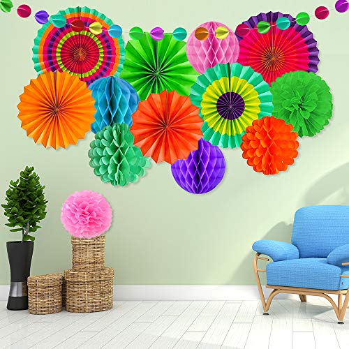 aovowog 21 Pack Decoración Fiesta Abanicos de Papel Flores Pompom Bolas de Nido de Abeja Guirnaldas para Celebración Fiesta de Cumpleaños Bodas Carnaval Mexicano