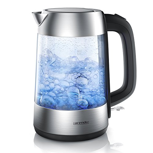 arendo - Hervidor de Cristal Eléctrico - con iluminación LED - Caldera de Agua - Acero Inoxidable - Iluminación LED Interior - 1,7 litros - 2200 W - Base 360º - Filtro Antical