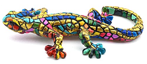 ART ESCUDELLERS Figura Decorativa SALAMANDRA en Mosaico Dorado de Resina Pintada a Mano con la Tecnica modernista TRENCADIS, al Estilo Gaudí. 6 cm x 10,5 cm x 2 cm