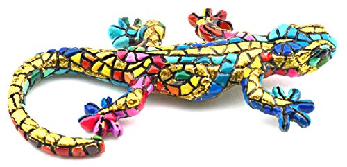 ART ESCUDELLERS Figura Decorativa SALAMANDRA en Mosaico Dorado de Resina Pintada a Mano con la Tecnica modernista TRENCADIS, al Estilo Gaudí. 6 cm x 10,5 cm x 2 cm