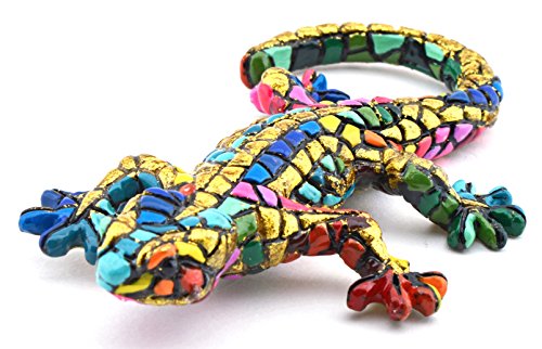 ART ESCUDELLERS Figura Decorativa SALAMANDRA en Mosaico Dorado de Resina Pintada a Mano con la Tecnica modernista TRENCADIS, al Estilo Gaudí. 6 cm x 10,5 cm x 2 cm