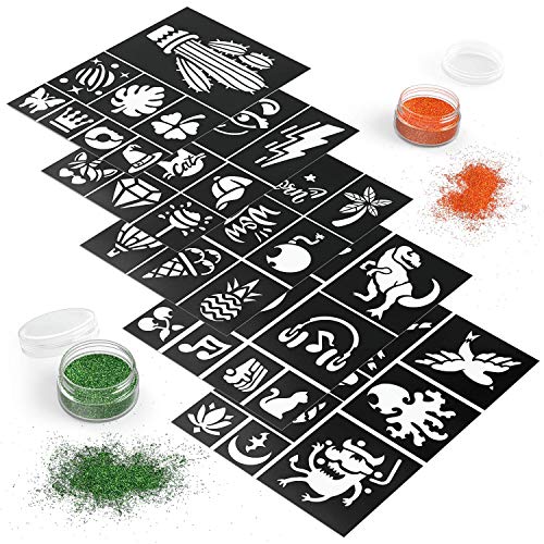 Arteza Tatuajes temporales de purpurina, 15 colores brillantes, 2 pinceles, 2 aplicadores de pegamento y 40 plantillas con diseños diferentes, kit de tatuajes adhesivos para niños y adultos