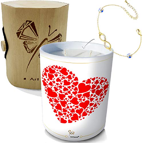 ArtGosse Vela con joya decorada con cristales de Swarovski® • 2 mechas de cera vegetal perfumada manzana de amor • Caja de regalo con pulsera