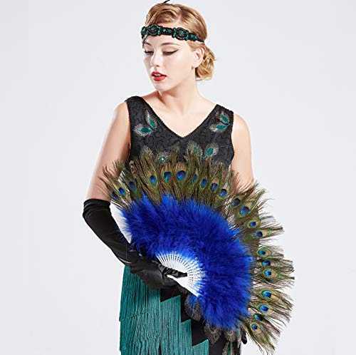 ArtiDeco 1920s Abanico Plegable de Pluma de Pavo Real Abanico de Mano Vintage Flapper Accesorios Decoración de Fiesta Vintage