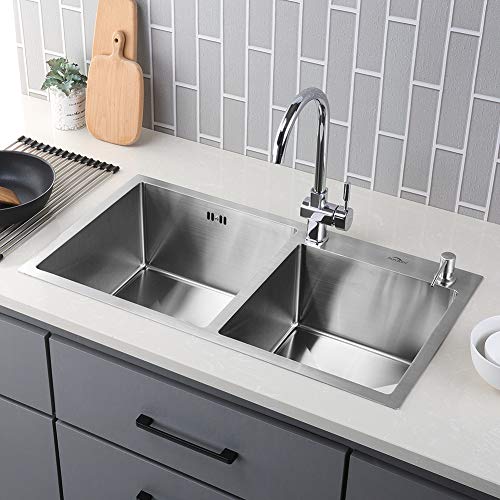 AuraLum 78 x 43 cm Fregadero De Cocina De Acero Inoxidable Cepillado 2 Orificios
