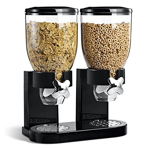 BAKAJI - Dispensador para Cereales, Pasta, Caramelos, Dulces, Fruta Seca Individual con Ruedas, Doble contenedor de 8 litros y dosificador Interior, Color Negro