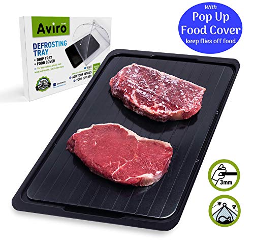 Bandeja de descongelación rápida con bandeja de goteo y tapa. Placa gruesa 3mm para descongelar alimentos en minutos. Bandeja de goteo evita manchar encimera. Tapadera mantiene alejados a los insectos