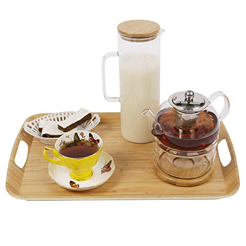 Bandeja Madera Bambu con Asa ♻ Bandeja Comida Fibra de Bambú (Para Servir Alimentos y Bebida) - Bamboo Decorativa Original - Natural, Ecologica - Eco,Sin BPA - Rectangular Grande 45x30 cm - Cocina Bio
