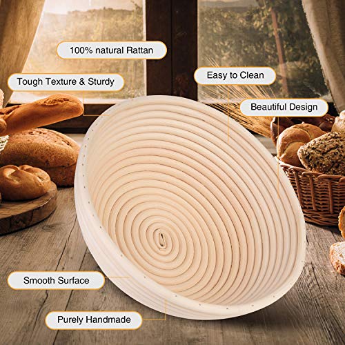 Banneton Canasta de Prueba de Pan Redonda de 23 cm, cesta pan con paño de lino, rasqueta panadero, 16 PCS plantillas decoración de pan, varilla de agitador de harina (28 PCS)