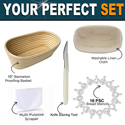 Banneton Oval 25 cm Banneton Para Pan Kit De Pan, Incluye Herramienta De Puntuación Para Masa De Masa, Rascador De Cuencos, Cubierta De Banneton De Lino, 16 Plantillas Para Decoración De Pan