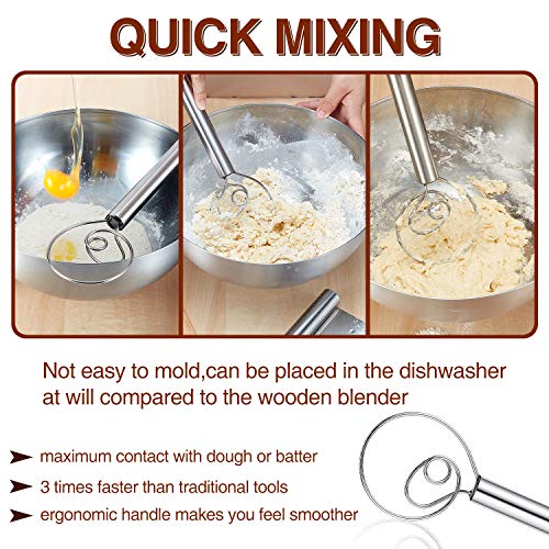 Batidor de Masa Danés Mezclador de Masa Holandesa con Rascador de Banco de Acero Inoxidable Batidora y Licuadora de Cocina para Hornear Pasteles, Postres, Pizza, 12 Pulgadas, Acero Inoxidable