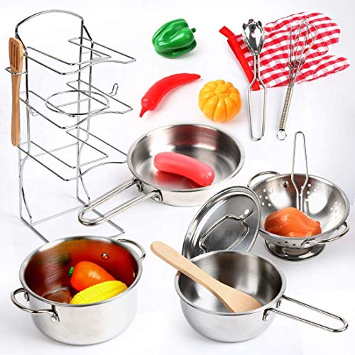 BeebeeRun 20 Piezas Juguete de Cocina Infantil Set Acero Inoxidable Juego de ollas y sartenes de Cocina Cocina de Juguete para Niños Chico Chica Regalo
