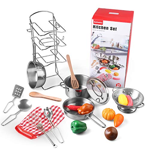 BeebeeRun 20 Piezas Juguete de Cocina Infantil Set Acero Inoxidable Juego de ollas y sartenes de Cocina Cocina de Juguete para Niños Chico Chica Regalo