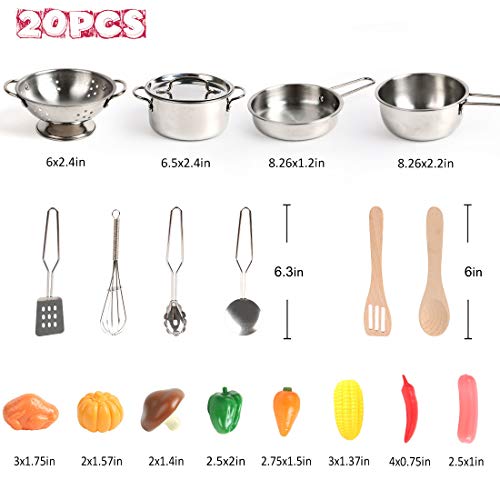 BeebeeRun 20 Piezas Juguete de Cocina Infantil Set Acero Inoxidable Juego de ollas y sartenes de Cocina Cocina de Juguete para Niños Chico Chica Regalo