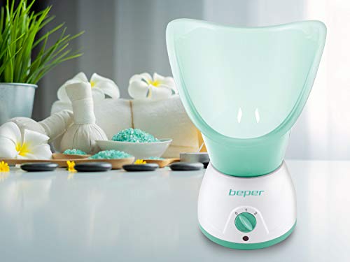 BEPER 40.967N - Sauna Facial y Aromaterapia 2 Potencias, Tratamientos de Cuidado y Relajantes, Hidratación y Limpieza de la Cara, Tanque para Esencias Perfumadas, Blanco y Verde/ Turquesa