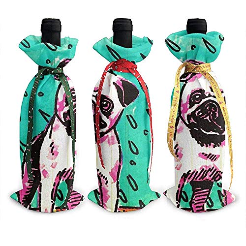 BK Creativity Christmas Wine Cover,Pintura Verde De La Personalidad del Perro del Barro Amasado 3Pcs Bolsas De La Cubierta De La Botella De Vino De Navidad para La Decoración del Año Nuevo