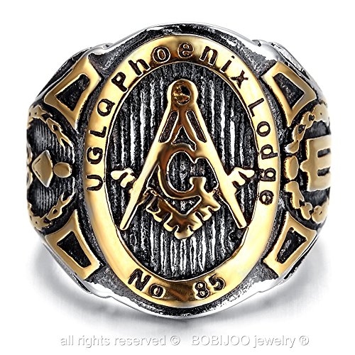 BOBIJOO JEWELRY - El Anillo de sellar la Masonería UGLQ Phoenix LOGDE 85 de Acero Dorado Acabado en Oro Master - 31 (14 US), Acero Inoxidable 316