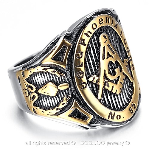BOBIJOO JEWELRY - El Anillo de sellar la Masonería UGLQ Phoenix LOGDE 85 de Acero Dorado Acabado en Oro Master - 31 (14 US), Acero Inoxidable 316