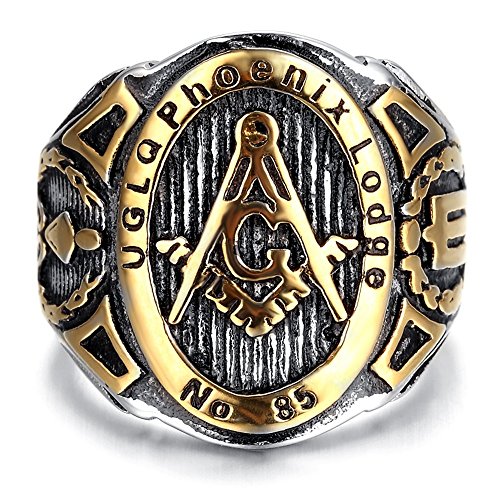BOBIJOO JEWELRY - El Anillo de sellar la Masonería UGLQ Phoenix LOGDE 85 de Acero Dorado Acabado en Oro Master - 31 (14 US), Acero Inoxidable 316
