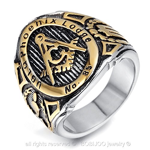 BOBIJOO JEWELRY - El Anillo de sellar la Masonería UGLQ Phoenix LOGDE 85 de Acero Dorado Acabado en Oro Master - 31 (14 US), Acero Inoxidable 316