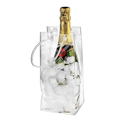 Bolsa de Vino para Hielo, 25 x 11 cm Bolsa de Hielo a Prueba de Fugas de PVC Bolsa de Hielo Transparente Bolsa de Enfriador de Vino con Asa para Vino Blanco, Champán, Cerveza Fría y Bebidas Frías
