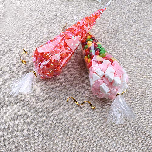 Bolsas de Cono Transparentes 100 piezas Bolsas de Celofán con lazos para dulces galletas regalos fiestas cumpleaños 19×38 cm