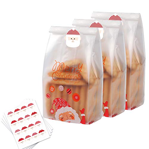 Bolsas de Galletas Navideñas 50 Piezas Bolsas de Golosinas Translúcidas con Pegatinas Bolsas de Plástico de Santa Claus para pasteles Dulces de chocolate Merienda Panadería Pan Magdalena Donuts