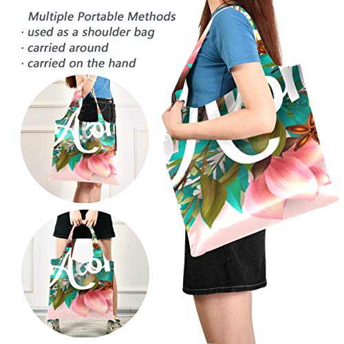 Bolso de hombro para adolescentes Aloha Hawaii Hand Lettering Hibiscus Pink Classic Shoulder Bag Divertido bolso de mano de lona Bolsas de compras reutilizables de poliéster, lavables, duraderas y li