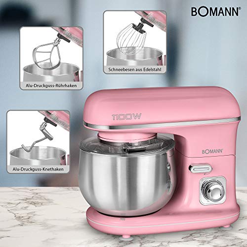 Bomann KM 6030 CB Batidora Amasadora Repostería Capacidad de 5 litros, Velocidad Regulable Electrónica, Serie Rock & Retro Estilo Vintage, 1100 W, Rosa Patel