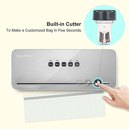 Bonsenkitchen Envasadora al Vacío Domesticas 4 en 1 Envasar al Vacio Maquina con Cortador de Película para Alimentos Fresca, Embasadora Incluyendo Bolsas de Vacío, Blanco Selladora VS3802