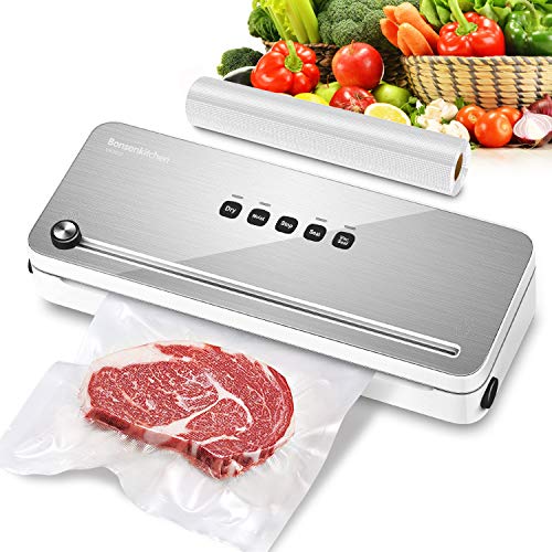 Bonsenkitchen Envasadora al Vacío Domesticas 4 en 1 Envasar al Vacio Maquina con Cortador de Película para Alimentos Fresca, Embasadora Incluyendo Bolsas de Vacío, Blanco Selladora VS3802